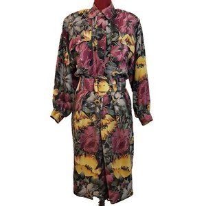 Vintage Pat Argenti Shirt Dress 6 Dark Silk Floral Long Sleeves Belted Pockets